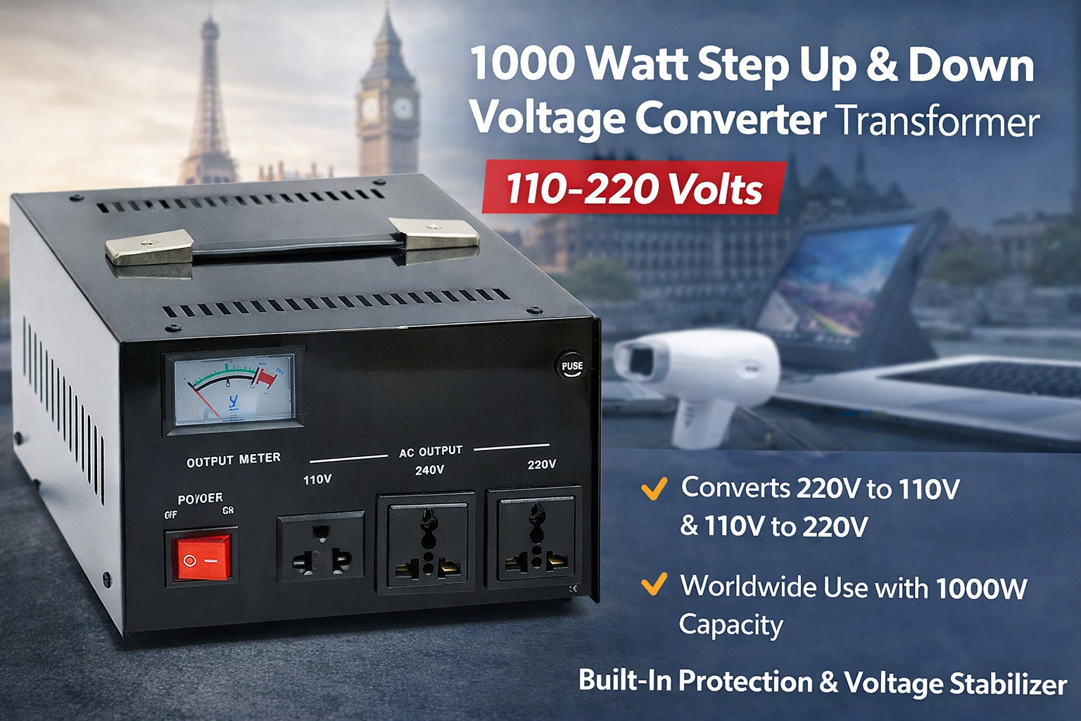 1000 Watts Step Up and Down Voltage Converter Regulator Transformer AR1000, 110-220 Volts