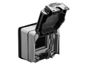 WEATHERPROOF IP66 RATED SURFACE MOUNT (LOW PROFILE) 1 GANG WALL BOX, LIFT LID COVER. GRAY.